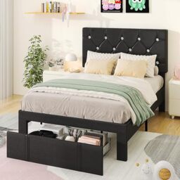 VECELO Single Bed Frame with Storage, Black PU Leather Upholstered Bed with Adjustable Diamond Tufted Headboard, Large Storage Drawers, Modern Platform Bed, Noise Free, No Box Spring Needed