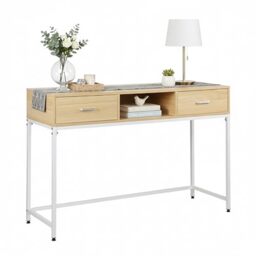 Relaxdays console table, HWD 80x120x40 cm, hallway table with 2 drawers, Scandinavian design, metal & MDF, white/natural