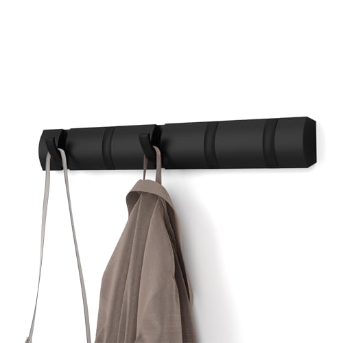 Umbra Flip Wall-Mounted Coat Rack with 5 Hooks – Modern, Space-Saving Storage for Hats, Jackets, Bags, Entryway, Mudroom, Closet, Bathroom, Bedroom – Black