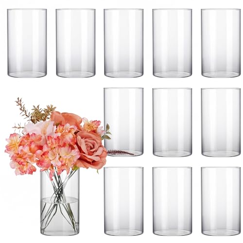CUCUMI 12pcs Glass Cylinder Vases for Centerpieces, Wedding Decorations, 6 Inch Tall Glass Hurricane Candle Holder for Table Shelf, Floral Vase Bulk for Flowers Home Decor