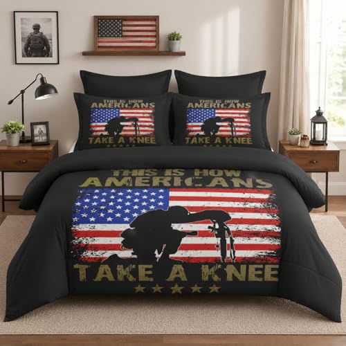 Pamnest Comforter Set Full Size, American Flag Military Gun 7 Pcs Bedding for Kids and Adults, Memorial America Army Bed Sheet Sets with Fitted Sheet 2 Pillowcases & 2 Shams