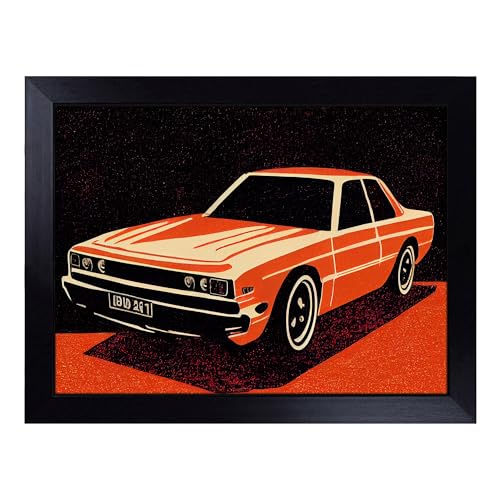 Lap Tray with Bean Bag Cushion, Classic Car Block Print - Handmade in the UK, Raised Wooden Edge, Padded Cushion, Heat-Resistant Wipe-Clean Surface, for Meals, Laptops and Crafts