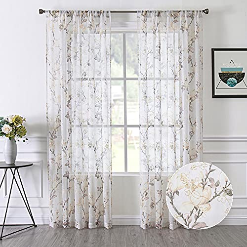 Tollpiz Floral White Sheer Curtain Flower Print Vine Embroidery Bedroom Curtains Rod Pocket Voile Window Curtain for Living Room, 54 x 72 inches Long, Set of 2 Panels