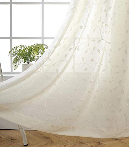 MIUCO Floral Embroidery Semi Sheer Curtains Faux Linen Grommet Curtains for Bedroom 52 x 63 Inch 2 Panels, Off White