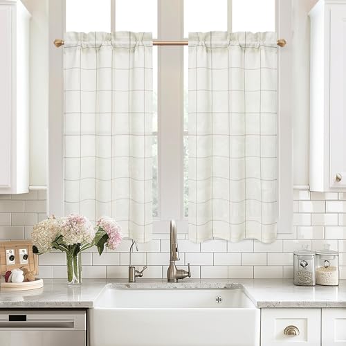 DriftAway Kitchen Curtains Striped Tier Linen Short Curtains Windowpane Plaid Cafe 45 Inch Length for Living Room Bathroom Chris Farmhouse Rustic Rod Pocket 2 Panels Taupe