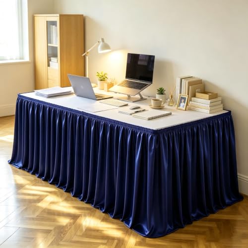 6ft Length Navy Blue Satin Table Skirt Rectangle Tables Wrinkle Resistant - Ruffle Table Skirting Glitter Teacher Desk Cover Skirt for Wedding Birthday Party Office School Dorm Desk Decor