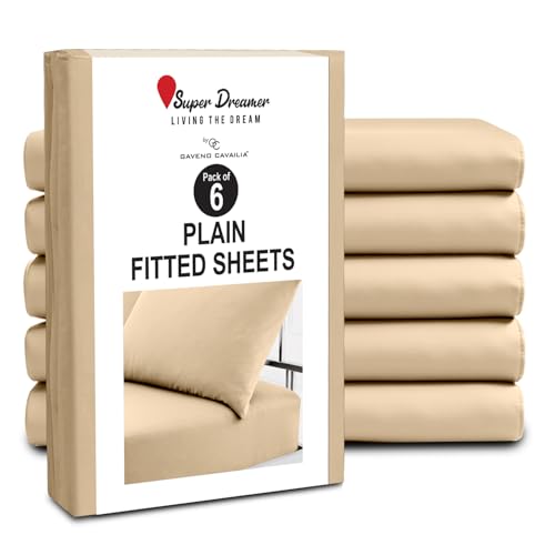GC GAVENO CAVAILIA Fitted Sheet Single 6 Pack - Plain Dyed Microfiber Bedding Sheets - Fade, Wrinkle & Shrink Resistant Bottom Sheets - 25cm Deep Breathable Bed Sheet with Elasticated Corners - Beige