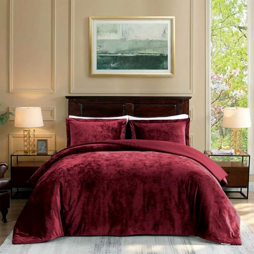 "TAMGHO Velvet King Size Comforter Set, Luxuriously Soft King Comforter Set, Lightweight Bed Set for All Seasons, Oversized Comforter (108""x96"") with 2 Matching Shams (20""x36""), Marron Burgundy"