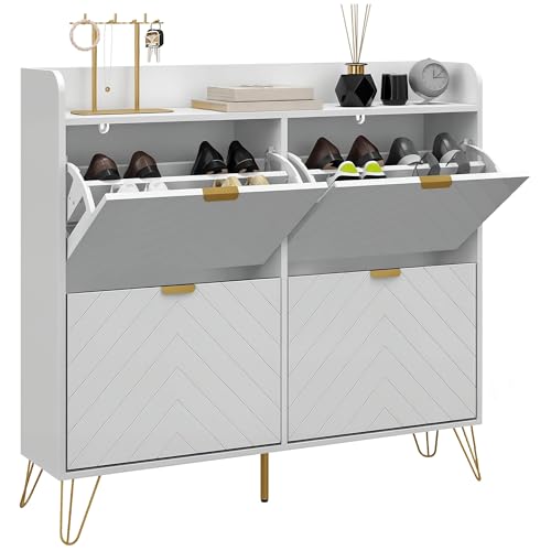 HOMCOM Narrow Shoe Cabinet with 4 Flip Drawers, Slim Shoe Storage Cabinet with Adjustable Shelves, Hairpin Legs and 4 Vents for 16 Pairs of Shoes for Entryway, White