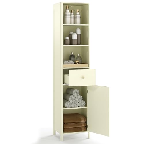 RELAX4LIFE Tall Bathroom Cabinet, 170cm Freestanding Slim Storage Cupboard with Adjustable Shelf, Drawer & Door, Wooden Narrow Bathroom Floor Cupboard for Living Room Hallway Kitchen (Beige)