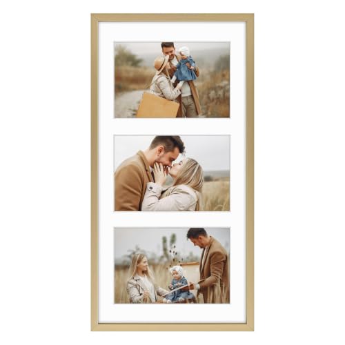 Frametory - 7x14 Aluminum Collage Picture Frame - Display 4x6 Pictures with 3 Openings Mat - Real Glass Front - Horizontal/Vertical Wall Mount - Gold 1 Pack