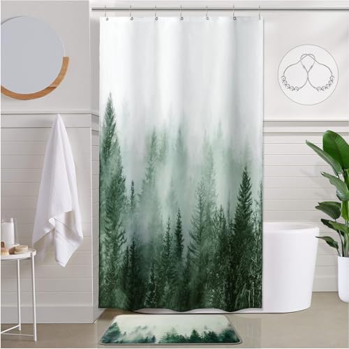 "ORTIGIA Misty Forest Shower Curtains Small Half Size 36""Wx72""L, Green Nature Woodland Shower Curtain for Bathroom,Fantasy Fog Magic Tree Bath Curtain,Fall Shower Curtain,Waterproof Polyester with"