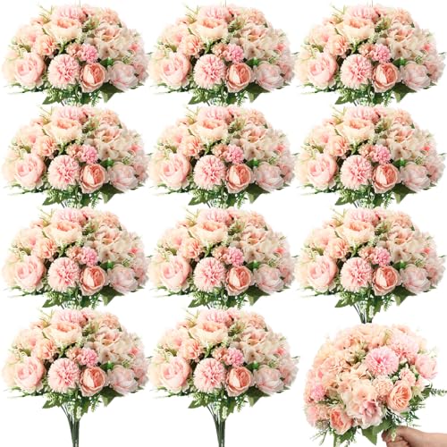 Tigeen Artificial Flowers Artificial Peonies Silk Flowers Faux Peony Fake Peony Silk Hydrangea Bouquet for Wedding Table Centerpiece Floral Vase Decor(Pink,24 Bundles)