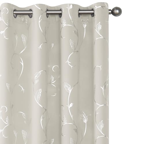 BUHUA Blackout Curtains Silver Foil Print Flower Vine Grommet Drapes, Room Darkening Thermal Insulated Curtains, Noise Reducing Curtain for Bedroom, Natural, 52Wx96L, 2 Panels