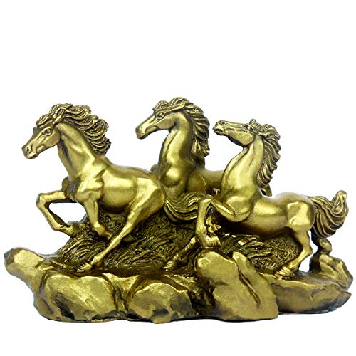 Brass Feng Shui Three Galloping Horses Statue 5.9???(L) Home Table Decor Sculpture Wealth Career Luck Decorative Figurine Business Gift Collection PTZY006