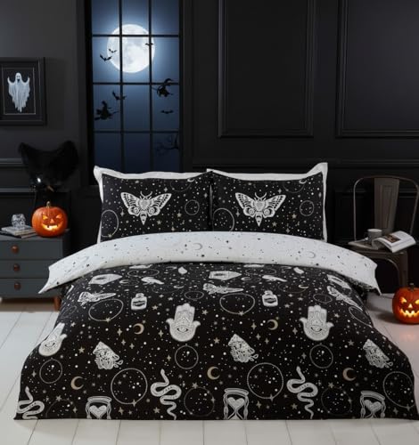 Rapport Home Gothic Magick Duvet Cover Set - King Black Skull Moon Stars Bedding with 2 Pillowcases - Soft 100% Polyester Easy Care Duvet Cover 220x230cm
