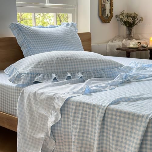 NSNLGSGC Light Blue Gingham Ruffle Queen Sheet Set - Soft Pre-Washed Microfiber, Plaid, 4-Pieces, Farmhouse, Deep Pocket