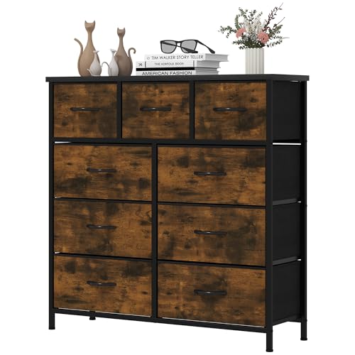 YITAHOME Wide Chest of Drawers with 9 Drawers, Fabric Dressers with Easy Pull Handle,Sturdy Steel Frame,Storage Drawers for Bedroom, Closet, Clothes,Rustic Brown