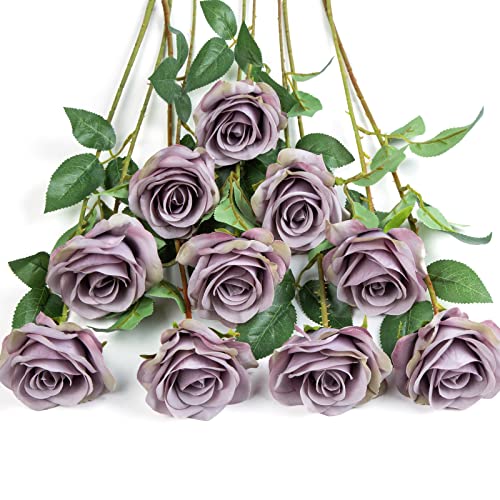 DuHouse 10Pcs Artificial Roses Fake Silk Flowers Faux Roses(Fall Purple)