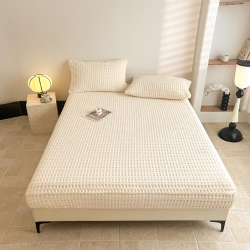 "Waffle Weave Twin XL Fitted Sheet Deep Pocket 15"" - Ultra Soft Textured Bed Sheet with Elastic All Around - Breathable Hotel Quality Bedding, Ivory White"