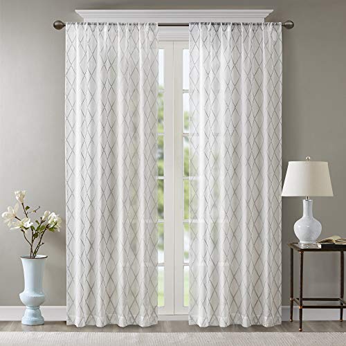 Madison Park Sheer Curtains For Bedroom, Transitional Fabric White Sheer Curtains 84 inches long, Irina Embroidered Rod Pocket Sheer Curtain, 50X84, 1-Panel Pack