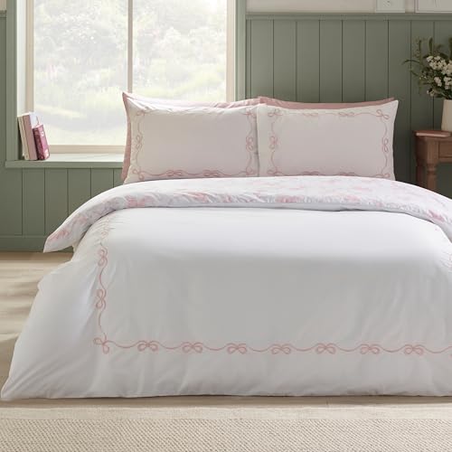 Catherine Lansfield Bow Embroidery Super King Duvet Cover Set with Pillowcases White/Pink