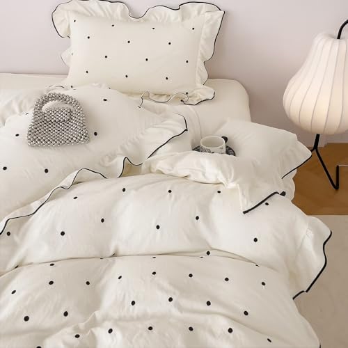 "AMZTOP Beige Polka Dot Duvet Cover Set Twin Size,3 Pcs 1 Duvet Cover with 2 Pillowcases,Cute Bedding Set for Teen Girls,Chic Coquette Brushed Soft Comforter Quilt Covers for Fall Winter 68""??86"""