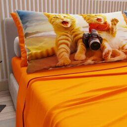 PETTI Artigiani Italiani - Bed Linen Animals with Cats in Cotton with Pillowcases in Digital Print, Double Bed Linen, Orange Double Bed Set, 100% Made in Italy
