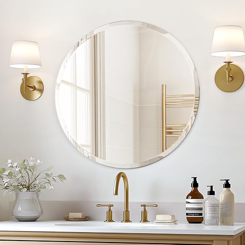 "USHOWER 24-Inch Frameless Round Wall Mirror, Large Decor Circle Mirror for Bathroom, Vanity, Bedroom, 1"" Beveled Edge, Modern Style"