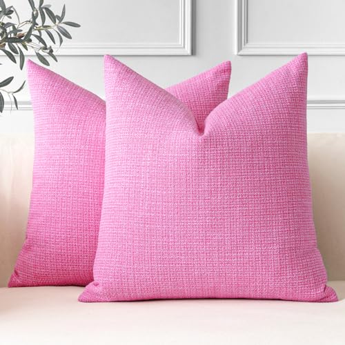 OTOSTAR Pack of 2 Throw Pillow Covers 24x24 Inch Linen Hot Pink Pillowcases Farmhouse Decorative Solid Pillow Covers 60x60 cm Square Cushion Case for Home Decor Sofa Couch Bed (Hot Pink)