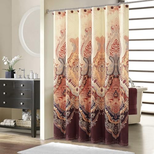 BESTRIPES Long Shower Curtain 72x78 Inches, Water Repellent Fabric with Gold and Brown Baroque Pattern, 12 Metal Grommets and Weighted Hem