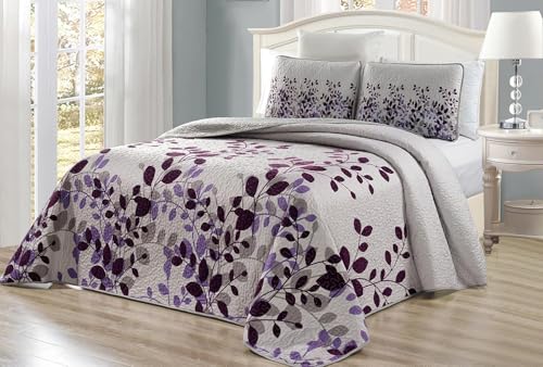 "Grand Linen 3-Piece Fine Printed Oversize (115"" X 95"") Fresca Quilt Set Reversible Bedspread Coverlet King Size Bed Cover (Purple, Grey, Vine)"