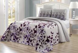 "Grand Linen 3-Piece Fine Printed Oversize (115"" X 95"") Fresca Quilt Set Reversible Bedspread Coverlet King Size Bed Cover (Purple, Grey, Vine)"