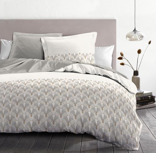 Duvet Cover Set 140 x 200 cm – 2 Piece – Soft Cotton Percale – Duvet Cover + Pillowcase – White & Beige – L'Elegant