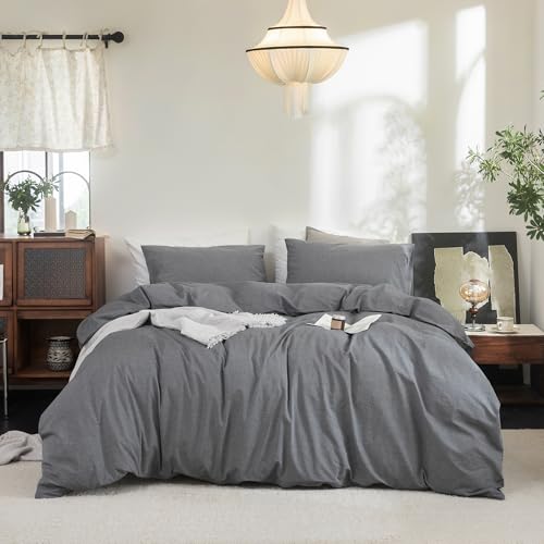 FOSSA Duvet Cover Set 100% Washed Cotton Linen Feel Oversized King - Super Soft Breathable Lightweight & All Season Bedding Set with Hidden Zipper & 8 Corner Ties (Dark Grey)