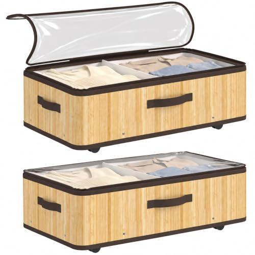 HOMCOM 72L Under Bed Storage with Wheels, Pack of 2, 23cm Height, Natural - Underbed Storage Box, Clear Lid Cover, Handle, Rolling Under Bed Drawers, for Duvet, Blanket, Clothing, Shoes