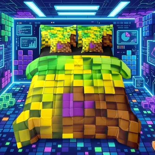 Pixelated Yellow Green Brown 7 Piece Bedding Set Full Size,Geometric Check Video Games Bed in a Bag for Boys Girls,Gamepad Grid Comforter Set with Sheets,Pillowcases & Cushion Cover Room Decor