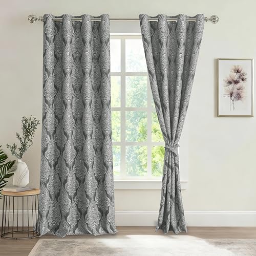JIUZHEN Grey Damask Ombre Blackout Curtains for Bedroom??? Noise Reducing Thermal Insulated Grommet Curtains for Living Room, W 52 x L 96 Inch, 2 Panels with Tiebacks