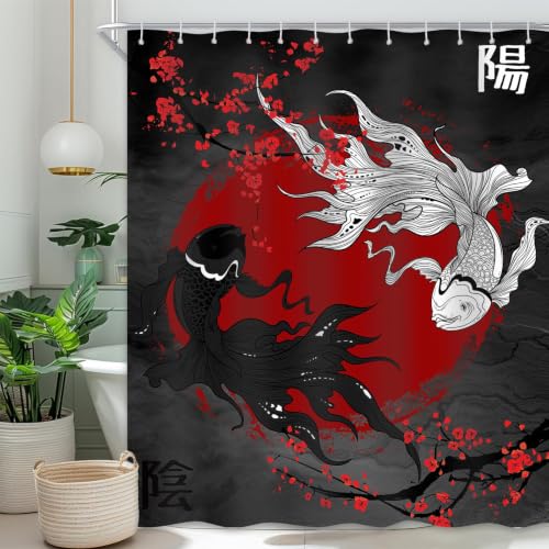 DLTAY Japanese Shower Curtain Koi Fish Yin Yang Black and Red Asian Oriental Bathroom Decor, Waterproof Cloth Fabric with Hooks, 70x78 Inch