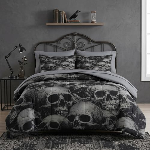 Pamnest Queen Comforter Set with Sheets, 7 Pieces Skeleton Retro Bedding - Bed in A Bag for All Season, Spooky Horror Gothic for Kids and Adults, 2 Pillowcases & 2 Shams