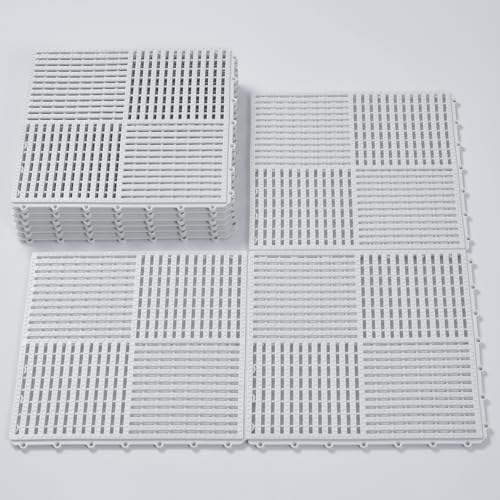 "9 Pack 12""x12"" Interlocking Floor Tiles, 0.4"" Thick White Non-Slip Mats with Drainage Holes for Pool Deck, Shower, Bathroom, Garage, Boat - for Wet Areas"
