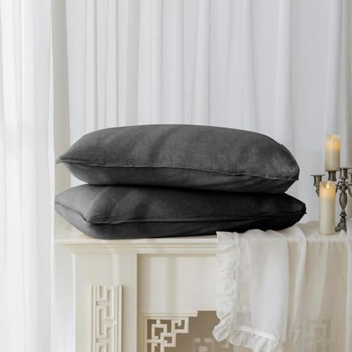 EVERLY 100% Linen Pillowcases Set of 2, Envelope Overlap Closure French Natural Washed Flax Pillowcases 20x30 inches-Dark Grey