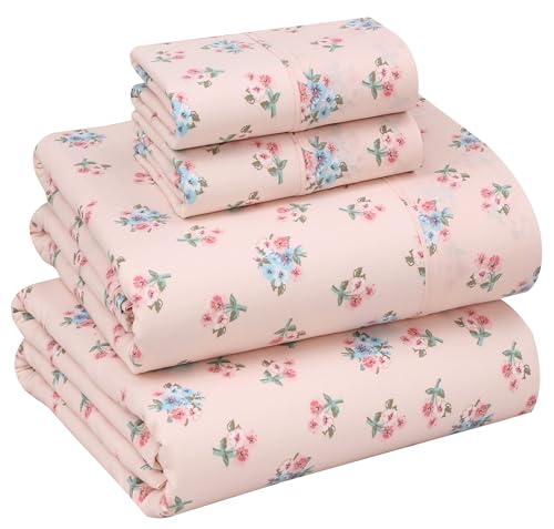 Ruvanti 100% Cotton Sheets - Crispy Cooling Percale Sheets for Queen Size Bed, Breathable & Durable Queen Sheet Set, 16 Inches Deep Pocket Bed Sheets, Spring On, 4 Pieces