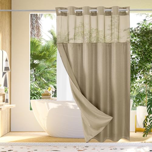 Gibelle Long Shower Curtain 72x80, Cloth Bathroom Shower Curtain with Snap-in Fabric Liner Set, No Hooks Needed, Hotel Style with Mesh Top Window, Beige