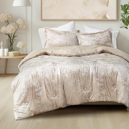 Comfort Spaces Luxe King Comforter Set Velvet Comforters for King Size Bed, Microfiber Reverse, Juliette, All Season Velvet Bedding King Size, Fluffy Bed Set, Sham, King, Champagne 3 Piece