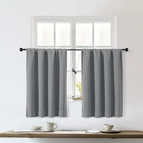 OWENIE Sally Light Grey Kitchen Curtains 36 Inch Length 2 Panels Set, Half Window Rod Pocket Privacy Room Darkening Blackout Curtain Tiers for Kitchen Bathroom, 2 Pcs Each W40 x L36 Inch