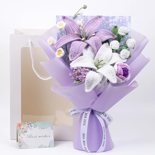 EZsenses Crochet Flower Bouquet, Handmade Knitted Lily Faux Crochet Flowers for Home Decor Valentines Day Anniversary Weddings Birthdays Mother???s Day, Includes Gift Bag and Greeting Card (Lily)