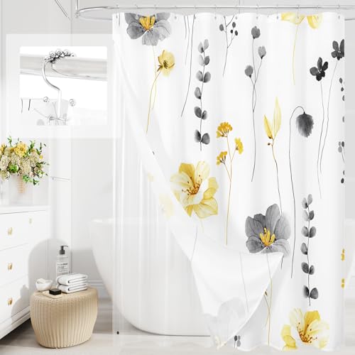 Gibelle 3 in 1 Shower Curtain Set, Yellow Watercolor Floral Bath Curtain and PEVA Liner Set with 12 Double Sided Steel Hooks, Waterproof Fabric Bathroom Curtain