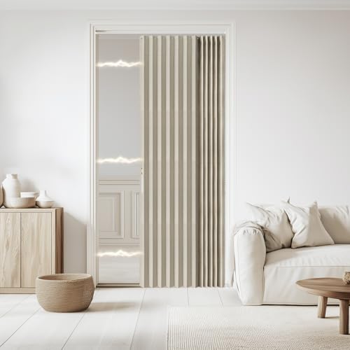 Jilron Accordian Door Curtain, 100% Blackout Folding Magnetic Doorway Curtains,Linen Style Closet Doors,for Room Divider,Privacy Protection???W52 x L78,Off White,1 Panel???