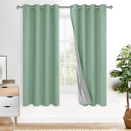 XWZO 100% Blackout Curtains 2 Panels with Tiebacks- Double Layers Heat and Full Light Blocking Window Panels with Grommets for Narrow Short Windows, Light Sage, W52 x L72, Set of 2